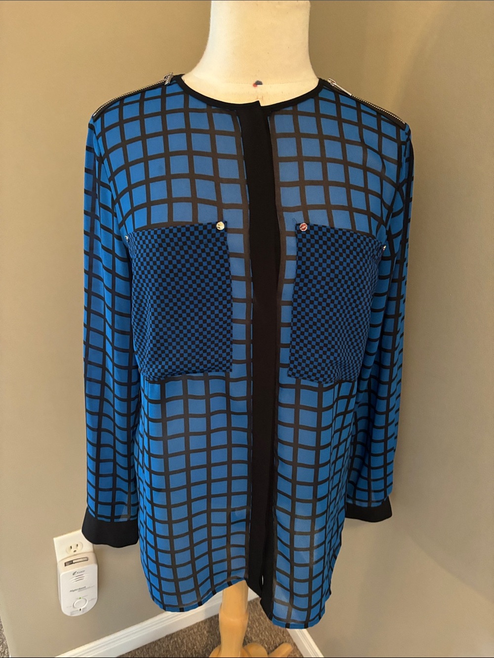 Michael Kors Blue and Black Grid Print Button Pocket Blouse Size Medium